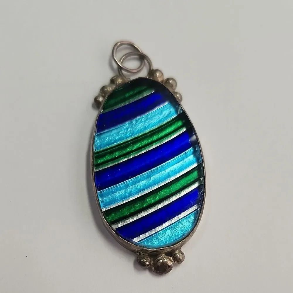 Blue Green Striped Glass Sterling Silver Pendant  925
